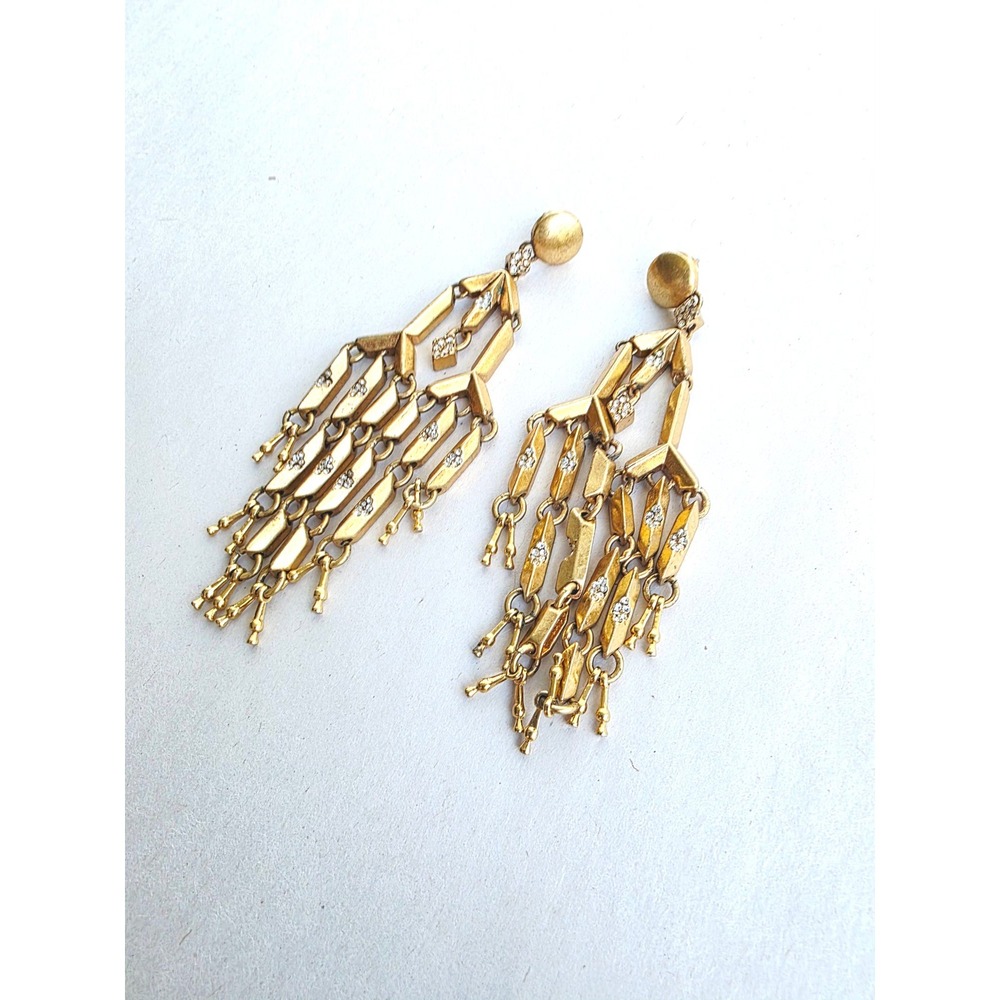 J.Crew Gold Tone Geometric Chandelier Earrings Pave Crystal Statement Art Deco